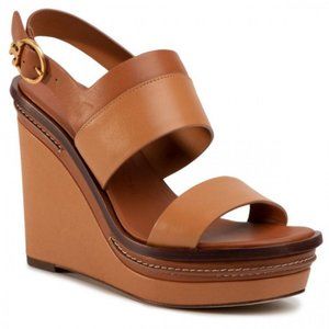 Tory Burch ~NEW SELBY 120mm Selby Wedge Sandals Brown Camel Leather Strap 9M